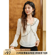 謎秀蕾絲小衫女2025秋季V領(lǐng)荷葉邊撞色刺繡寬松 米黃色 米杏 M
