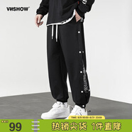 viishow新款休閑潮牌長褲腰果花拼接潮流側(cè)邊排扣印花嘻哈校園休閑束腳褲 黑色 L