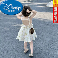 迪士尼（Disney）25新款女孩露背裙子寶寶夏裝公主女童連衣裙夏季兒童吊帶裙子 碎花黃連衣裙 110