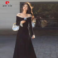 皮爾卡丹法式赫本風(fēng)黑色一字肩連衣裙子女早秋季2025新款掐腰小黑長裙 【黑色】【下擺無蕾絲】【盛夏流行風(fēng)格/海邊度假風(fēng)沙 S 40/45kg