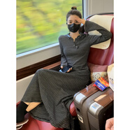 JPUZ法式復古帶帽條紋連衣裙女秋季休閑減齡氣質(zhì)時(shí)髦紙片人顯瘦長(cháng)裙子 圖片色 S 【80-105斤】