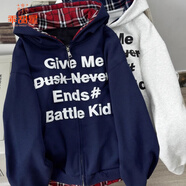 乖甜星秋季新款美式街頭假兩件格子連帽衛衣女寬松外套個(gè)性百搭女裝上衣 藏青色 春秋薄款 M 建議100斤內