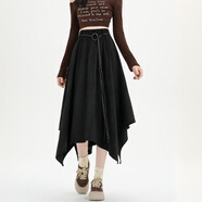美式復古深棕色不規則鹿皮絨半身裙女冬季波西米亞荷葉邊大擺傘裙 黑色（加厚款） 均碼 80-150斤