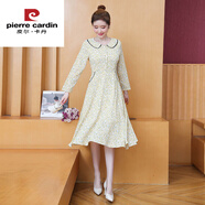 皮爾卡丹（pierre cardin）碎花連衣裙長(cháng)袖娃娃領(lǐng)氣質(zhì)遮肚顯瘦大碼防曬連衣裙A字口袋媽媽裝 黃色 今年流行的輕奢品牌 M 80-95