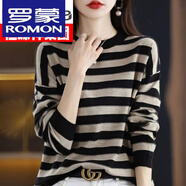羅蒙（ROMON）高檔22年秋冬新款圓領條紋羊毛衫女寬松大號針織打底衫上衣內(nèi)搭 黑色 L 110-125斤