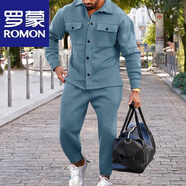 羅蒙（ROMON）秋冬時尚麂皮絨夾克套裝男秋季歐美單排扣休閑純色修身茄克兩件套淺藍色S (130-150)