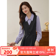 熙世界（sllsky）廳里廳氣假兩件長(zhǎng)袖連衣裙女2025春季教資面試收腰襯衫裙子 學(xué)院藍(lán) M