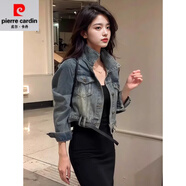 皮爾卡丹（pierre cardin）港風復(fù)古做舊水洗外套女2025春時尚個性別致寬松短款夾克上衣 圖片色外套 (贈送腰帶) S 80-100
