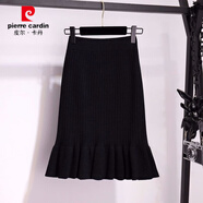 皮爾卡丹針織半身裙女中長(cháng)款秋冬裝新款荷葉邊裹裙毛線(xiàn)一步裙包臀魚(yú)尾裙裝 黑色 M 短款50cm
