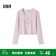 森馬長袖T恤女短款蝴蝶結字母春秋溫柔蕾絲緊身上衣107624101001