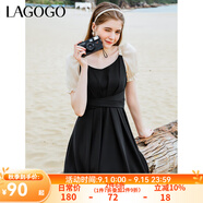 lagogo拉谷谷夏季新款黑色高腰拼接收腰氣質連衣裙女法式設計感 黑米（WT） S 155/36