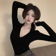 UKUHPK辣妹風(fēng)性感V領(lǐng)低胸長(cháng)袖連體衣女秋季設計感緊身彈力打底衫上衣服 黑色 S