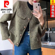 皮爾卡丹（pierre cardin）25秋冬新款休閑小香風(fēng)短款毛呢絨短外套女時尚減齡氣質(zhì)百搭上衣女 軍綠色 常.規(guī)款 S 建議80-95斤