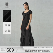 阿依蓮【商場同款】氣質(zhì)連衣裙子女夏季2025新款顯瘦度假風不規(guī)則長裙子 黑色 S