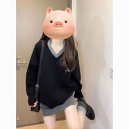 OTKBBP早秋季韓系小個子穿搭甜美學院風感V領毛衣半身裙兩件套裝女 假兩件上衣+灰色半身裙【兩件套 S 建議85-95斤