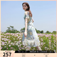 三彩獨(dú)醒2025夏季新款荷葉邊印花雪紡裙連衣裙度假風(fēng)長(zhǎng)裙F 冰川藍(lán)花卉 L 165/88A