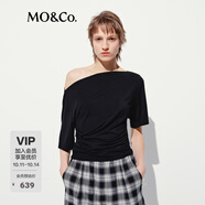 MO&Co.短袖上衣夏含莫代爾設計感一字領捏褶寬松MBE2TOPT07 黑色 M /165