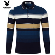 花花公子（PLAYBOY）新款純棉長(zhǎng)袖男士翻領(lǐng)Polo衫中老年寬松真口袋上衣爸爸裝 302藍(lán)色 (真口袋) L 建議125-140斤