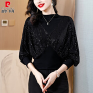 皮爾卡丹（pierre cardin）時(shí)尚假兩件打底衫女長(cháng)袖別致漂亮小衫2025新款春秋冬洋氣顯瘦上衣 黑色 2XL