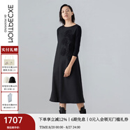 例外（EXCEPTION）新中式女裝春秋款長裙混紡長袖繡花A字連衣裙 黑色/99 S
