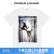 Charlie Luciano小鹿印花黑色寬松休閑T恤明星男女情侶同款圓領短袖男潮牌上衣 白色 XS 160