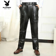 花花公子（PLAYBOY）真皮皮褲男款羊皮頭層長(cháng)褲中老年寬松秋冬摩托車(chē)機車(chē)防水羊皮褲子 黑色羊皮皮褲 38 (腰圍3尺1)