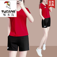 啄木鳥(niǎo)棉質(zhì)休閑運動(dòng)服套裝女裝2025新款夏季時(shí)髦洋氣時(shí)尚夏天短褲短袖 紅色 XL (建議110-120斤)