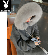 花花公子（PLAYBOY）大毛領(lǐng)格子羊絨大衣女感2024秋冬新款羊毛呢子赫本風(fēng)毛呢外套 灰色感 XXS . 105斤以?xún)?
                                         title=