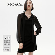 MO&Co.黑色收腰桑蠶絲拼接綿羊毛針織連衣裙摩安珂 黑色 XS