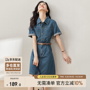尚都比拉復古襯衫領(lǐng)工裝短袖牛仔連衣裙休閑顯瘦小個(gè)子裙子 牛仔藍 M 