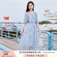 香影溫柔風(fēng)粉色連衣裙女2025夏季新款超好看五分袖海邊度假沙灘裙 藍色 L
