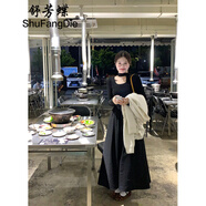 舒芳蝶（shufangdie）韓版掛脖針織長袖連衣裙女2025新款溫柔風收腰氣質修身秋季長裙子 黑色 M