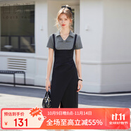 白鹿語(yǔ)夏季翻領(lǐng)撞色拼接開(kāi)叉中長(cháng)裙氣質(zhì)修身短袖連衣裙 黑拼灰  M 