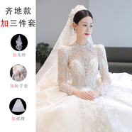 主婚紗2025新款新娘長(cháng)袖復古高級質(zhì)感法式輕奢華重工大拖尾小個(gè)子 齊地婚紗加三件套 L110斤左右 均碼