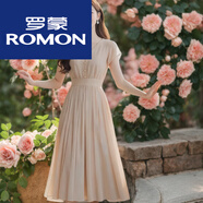 羅蒙雪紡連衣裙女v領(lǐng)純色2026新款夏季收腰百褶氣質(zhì)輕熟風(fēng)通勤長(cháng)裙子 杏色 M