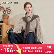 西遇（Westlink）西遇格子長(zhǎng)袖襯衫女秋季新款針織披肩翻領(lǐng)疊穿顯瘦寬松襯衣 卡其色 M (160)