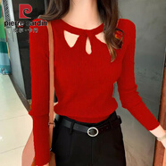 皮爾卡丹春秋新款毛衣針織衫女士小衫冬天打底衫洋氣鏤空短款圓領(lǐng)上衣 大紅色  M 88-98