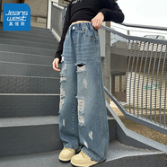 真維斯女童牛仔褲春秋2025新款兒童春裝大童薄款長褲初中生女孩直筒褲子 639破洞牛仔褲 160