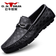 公牛世家（G.N.Shi Jia）豆豆鞋男一腳蹬輕便商務(wù)正裝皮鞋軟底舒適樂福鞋 黑色 38