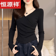恒源祥大碼不規(guī)則設(shè)計(jì)感交叉長(zhǎng)袖t恤打底衫女春季胖mm修身顯瘦甜辣上衣 黑色 XL 【建議120-140斤】