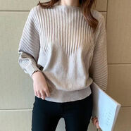 皮爾卡丹（pierrecardin）一字領(lǐng)蝙蝠衫薄款毛衣女秋冬新款純色寬松蝙蝠長(zhǎng)袖套頭針織打底衫杏色XL