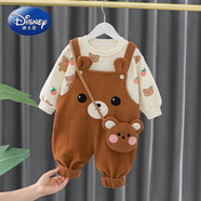 迪士尼（Disney）背帶褲女童春裝2025新款加絨潮童裝洋氣兒童衣服一歲寶寶春秋套裝 棕色 90 cm