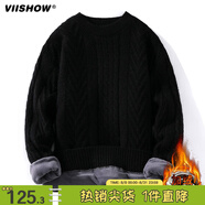 viishow毛衣男士秋冬季潮牌加絨加厚麻花編織男裝冬款純色毛線衣針織衫 黑色 2XL