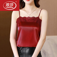 浪莎（LangSha）真絲吊帶背心女內搭蕾絲拼接緞面雪紡上衣夏季寬松外穿打底衫 酒紅色【301】 2XL 115-125斤