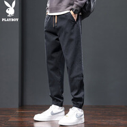 花花公子（PLAYBOY）休閑褲男春秋季新款潮流時尚百搭束腳褲子男士韓版純色直筒長褲男 黑色 XL