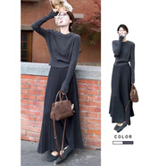 艾珠兒（Aizhuer）法式高級感灰色針織連衣裙子女秋冬季2025新款小個(gè)子氣質(zhì)長(cháng)裙套裝 淺灰色上衣+深灰色半身裙 均碼 （建議80-140斤）