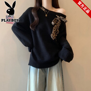花花公子（PLAYBOY）美式復古豹紋斜肩毛衣女秋冬款慵懶寬松洋氣歐美風新款針織衫上衣 黑色 M [90-105斤]
