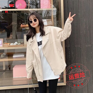 AEMAPE短外套女2025春秋冬機(jī)車皮衣女新款韓版BF風(fēng)寬松夾 米色  M _建議105-120斤左右