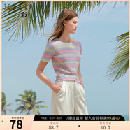 三彩2024夏季新款圓領修身短款短袖漸變鏤空針織衫多巴胺小衫女 淺粉條紋 S 155/80A