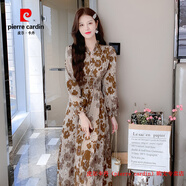 皮爾卡丹（pierre cardin）實(shí)拍秋冬暈染咖色印花加絨里連衣裙v領(lǐng)木耳邊高腰顯瘦打底裙長(cháng)裙 復古咖 L
